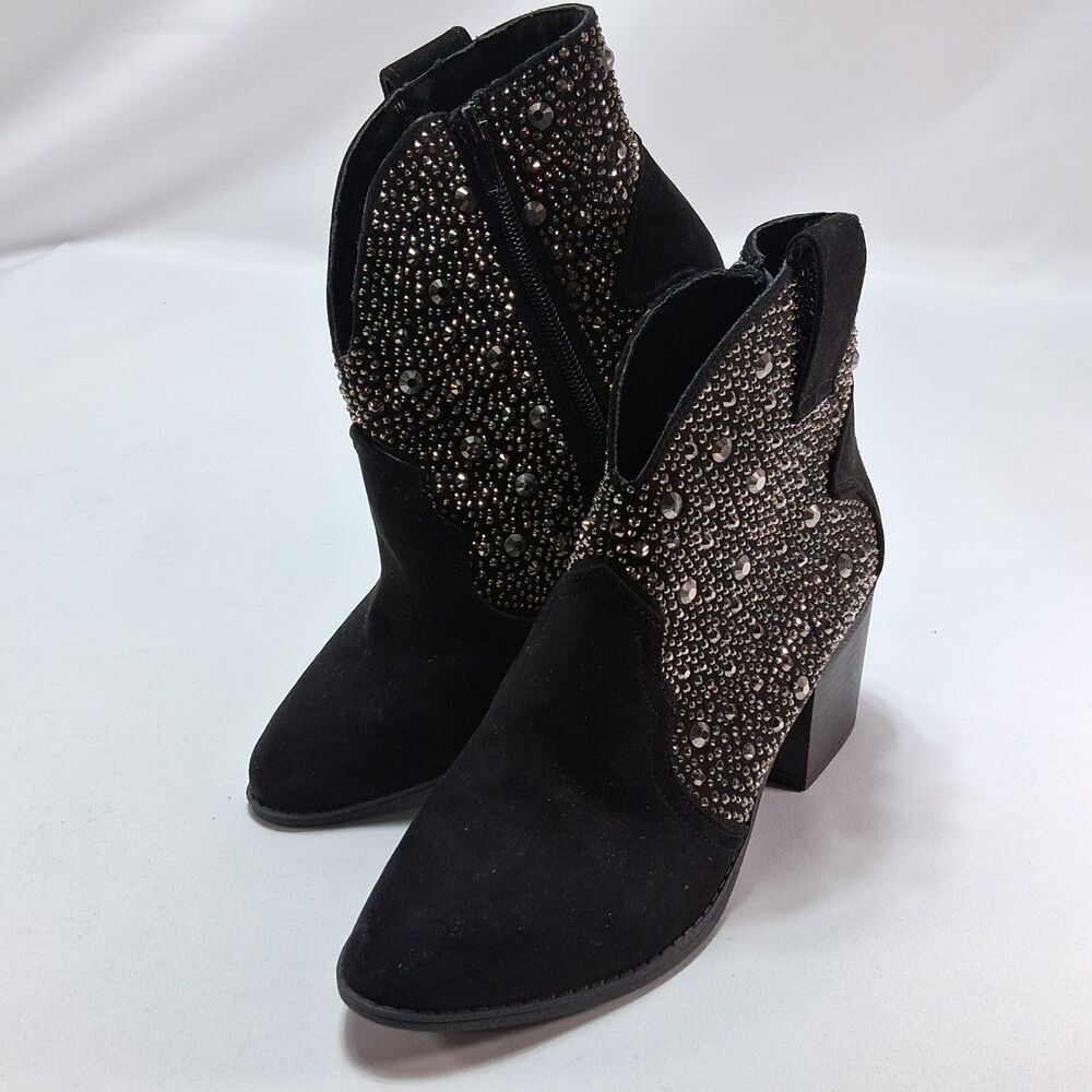 Sugar Comet Black Embellished Rhinestone Western Booties Women Size 7 Zip Heels